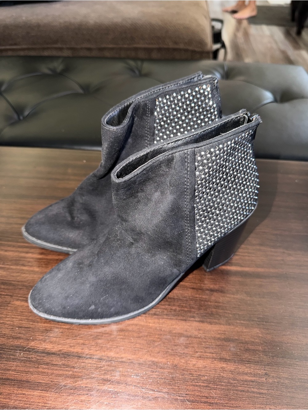 Embellished Black Suede Ankle Booties